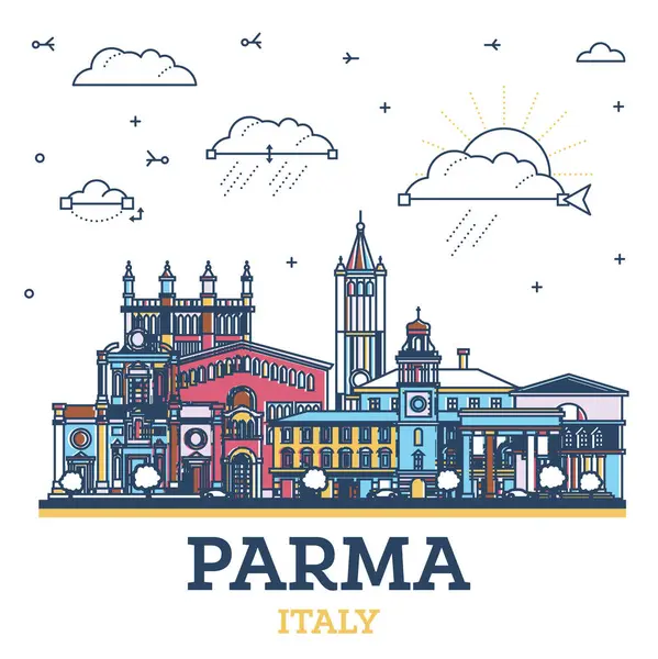 概要白を基調としたカラー歴史的建造物が並ぶパルマイタリアシティスカイライン ベクトルイラスト ランドマークとパルマの街の風景 — ストックベクタ