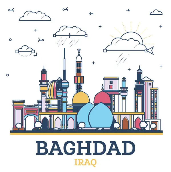 Zarys Bagdadu Irak City Skyline Kolorowymi Zabytkowymi Budynkami Izolowane Białym — Wektor stockowy