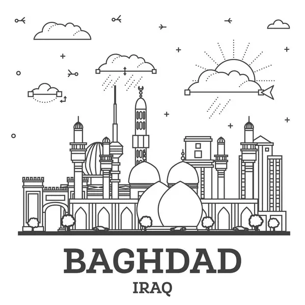 Outline Baghdad Iraq City Skyline Historic Buildings Isolated White Vector — Archivo Imágenes Vectoriales