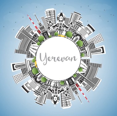 Erivan Ermenistan Şehri Skyline, Renkli Binalar, Mavi Gökyüzü ve Kopya Uzayı. Vektör İllüstrasyonu. Tarihi Simgeli Erivan Şehri. Tarihi Mimariyle İş Seyahati ve Turizm Konsepti.