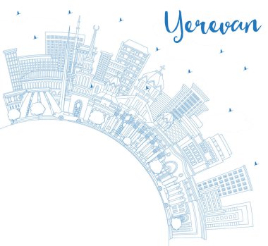 Mavi Binalar ve Kopya Uzayı ile Erivan Ermenistan City Skyline 'ın ana hatlarını çiz. Vektör İllüstrasyonu. Tarihi Simgeli Erivan Şehri. Tarihi Mimariyle İş Seyahati ve Turizm Konsepti.