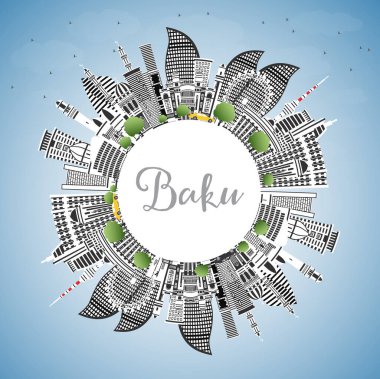 Bakü Azerbaycan City Skyline Renkli Binalar, Mavi Gökyüzü ve Kopya Uzayı. Vektör İllüstrasyonu. Tarihi yerleri olan Bakü Şehri manzarası. Tarihi Mimariyle İş Seyahati ve Turizm Konsepti.