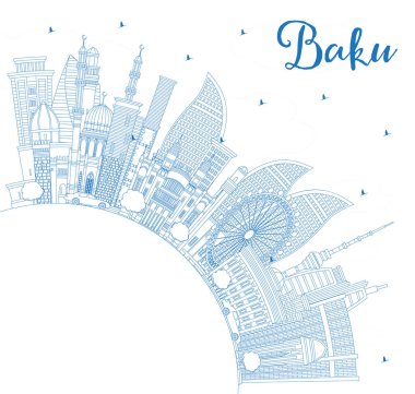 Blue Buildings ve Copy Space ile Bakü Azerbaycan City Skyline taslağı. Vektör İllüstrasyonu. Tarihi yerleri olan Bakü Şehri manzarası. Tarihi Mimariyle İş Seyahati ve Turizm Konsepti.