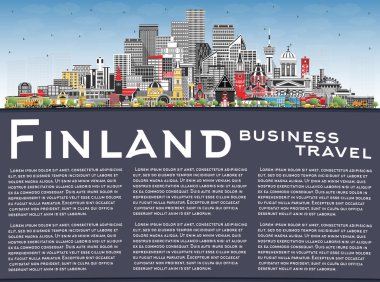 Finlandiya şehir silueti gri binalar, mavi gökyüzü ve kopyalama alanı ile. Vektör çizimi. Tarihi ve modern mimari. Finlandiya şehir simgeleriyle dolu. Helsinki. Espoo 'da. Vantaa 'da. Oulu. Turku..