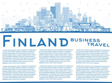 Finlandiya 'nın ana hatları mavi binalar ve kopyalama alanlarıyla belirlendi. Vektör çizimi. Tarihi ve modern mimari. Finlandiya şehir simgeleriyle dolu. Helsinki. Espoo 'da. Vantaa 'da. Oulu. Turku..