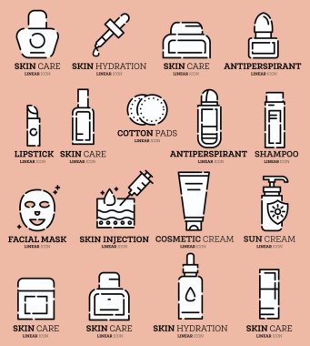 Cilt bakımı simgeleri ayarlandı. Doğrusal simge. Vektör çizimi. Kişisel bakım ürünleri.