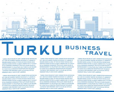 Turku Finland şehrinin ana hatları mavi binalar ve kopyalama alanlarıyla belirlendi. Vektör çizimi. Turku şehir simgeleriyle dolu. Modern ve tarihi mimariyle iş seyahati ve turizm kavramı.