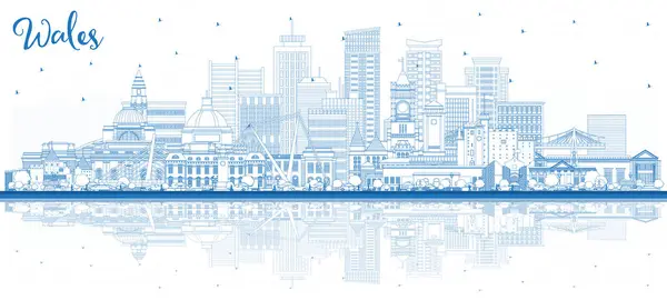 Esquema Wales City Skyline Con Edificios Azules Reflexiones Ilustración Vectorial — Archivo Imágenes Vectoriales