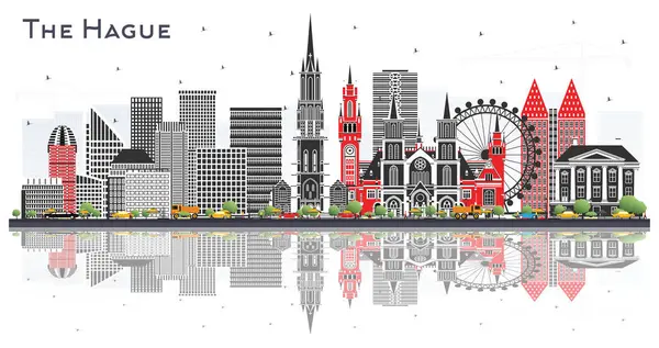 Гаага Нідерланди Місто Skyline Кольоровими Будівлями Відображеннями Ізольовані Білому Концепція — стоковий вектор