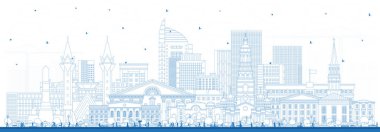 Ufa Rusya 'nın ana hatları mavi binalarla çizilmiş. Vektör çizimi. Ufa şehir simgeleriyle dolu. Modern ve tarihi mimariyle iş seyahati ve turizm kavramı.