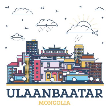 Ulaanbaatar 'ın Moğolistan şehrinin silueti ve beyaza izole edilmiş renkli tarihi binalar. Vektör İllüstrasyonu. Simgeli Ulaanbaatar Şehir Manzarası.