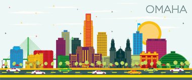 Renkli Binalar ve Mavi Gökyüzü ile Omaha Nebraska Şehir Skyline. Vektör İllüstrasyon. Tarihi Mimari ile İş Seyahati ve Turizm Konsepti. Omaha Usa Cityscape Simgesel Yapılar la.