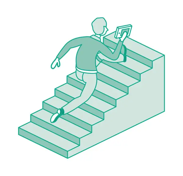 Hombre Corre Por Las Escaleras Tiene Libro Mano Concepto Isométrico — Archivo Imágenes Vectoriales