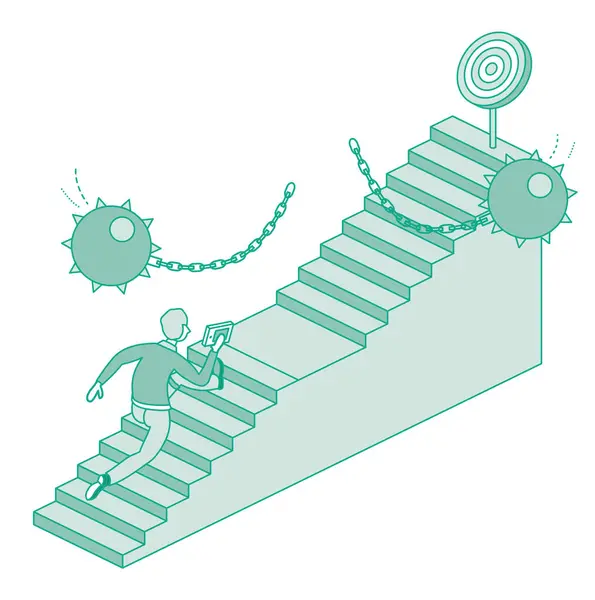 Homme Monte Les Escaliers Surmonter Les Obstacles Commerciaux Obstacle Réussite — Image vectorielle