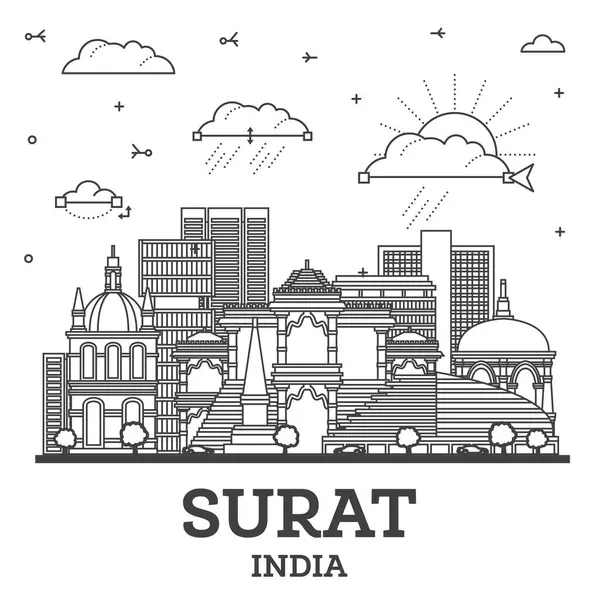 Outline Surat India City Skyline Modern Historic Buildings Isolated White — Stock Vector