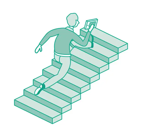 Hombre Corre Por Las Escaleras Tiene Libro Mano Concepto Isométrico — Archivo Imágenes Vectoriales