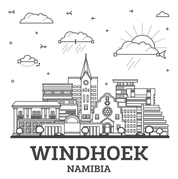 Omriss Windhoek Namibia City Skyline Med Modern Historic Buildings Isolated – stockvektor
