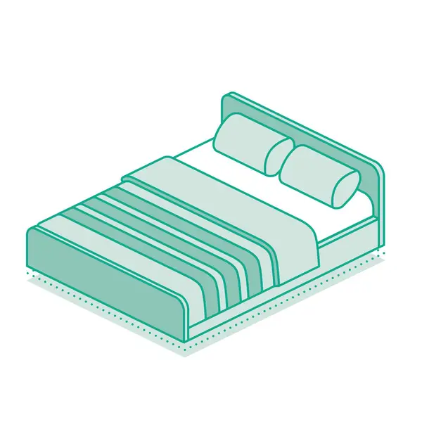 Isometrisches Bett Mit Decke Und Zwei Kissen Vektorillustration Umrissobjekt Isoliert — Stockvektor