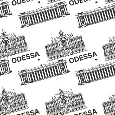 Odessa 'nın simgeleriyle kusursuz desen. Vektör çizimi. Belediye Binası ile Odesa Opera ve Bale Tiyatrosu.