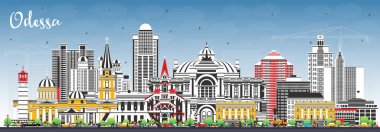 Renkli binaları ve mavi gökyüzü olan Odessa şehri silueti. Vektör çizimi. Odesa şehir simgeleriyle dolu. Modern ve tarihi mimariyle iş seyahati ve turizm kavramı.