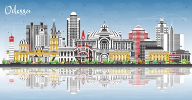 Renkli binalarla, mavi gökyüzüyle ve yansımalarıyla Odessa şehrinin silueti. Vektör çizimi. Odesa şehir simgeleriyle dolu. Modern ve tarihi mimariyle iş seyahati ve turizm kavramı.
