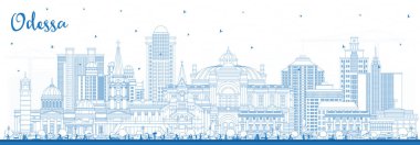 Mavi binalarla Odessa şehrinin silueti. Vektör çizimi. Odesa şehir simgeleriyle dolu. Modern ve tarihi mimariyle iş seyahati ve turizm kavramı.