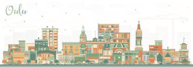 Oulu Finlandiya gökdelenleri renkli binalarla kaplıdır. Vektör çizimi. Oulu şehir simgeleriyle dolu. Modern ve tarihi mimariyle iş seyahati ve turizm kavramı.