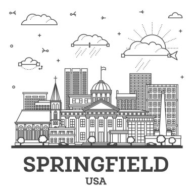 Springfield Illinois City Skyline 'ın ana hatlarıyla Modern ve Tarihi Binalar beyaza izole edildi. Vektör İllüstrasyonu. Springfield ABD Kent Simgeleriyle.