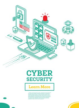 Siber Güvenlik Konsepti. Kalkan Sembolü. Kilide Anahtar Eklenmiş Isometric Laptop ve Smartphone. Veri Koruması. Vektör İllüstrasyonu. Dizüstü bilgisayardaki kimlik doğrulama formu. Kırmızı teşhirci.