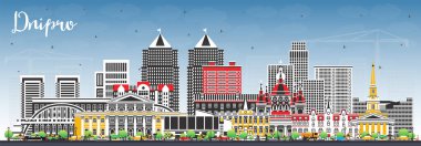 Renkli binaları ve mavi gökyüzü olan Dnipro şehir silueti. Vektör çizimi. Dnepropetrovsk şehir simgeleriyle dolu. Modern ve tarihi mimariyle iş seyahati ve turizm kavramı.