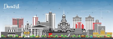 Donetsk şehrinin gökyüzü mavi ve renkli binalarla kaplı. Vektör çizimi. Donetsk şehir simgeleriyle dolu. Modern ve tarihi mimariyle iş seyahati ve turizm kavramı.