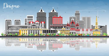 Renkli binaları, mavi gökyüzü ve yansımaları olan Dnipro şehir silueti. Vektör çizimi. Dnepropetrovsk şehir simgeleriyle dolu. Modern ve tarihi mimariyle iş ve turizm kavramı.