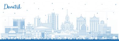 Donetsk şehrinin mavi binalı silueti. Vektör çizimi. Donetsk şehir simgeleriyle dolu. Modern ve tarihi mimariyle iş seyahati ve turizm kavramı.