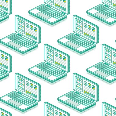 Dizüstü bilgisayarlı, pürüzsüz bir desen. Vektör çizimi. Beyaz arkaplanda izole nesneler.