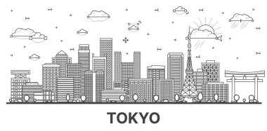 Tokyo şehrinin ana hatları beyaza izole edilmiş modern ve tarihi binalar. Vektör çizimi. Tokyo şehir simgeleriyle.
