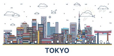 Tokyo şehrinin ana hatları renkli modern ve tarihi binalarla beyazlar üzerinde izole edilmiş. Vektör çizimi. Tokyo şehir simgeleriyle.