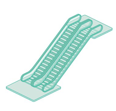 Modern izometrik yürüyen merdiven. Vektör çizimi. Beyaz arkaplanda izole edilmiş nesne.