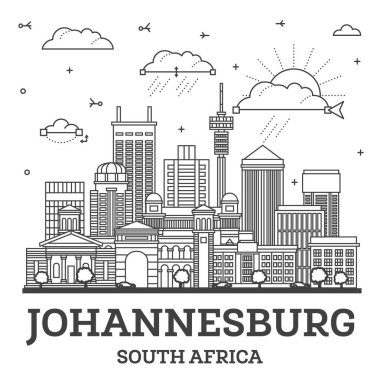 Johannesburg Güney Afrika Şehri Skyline 'ın ana hatlarıyla Modern ve Tarihi Binalar beyaza izole edilmiştir. Vektör İllüstrasyonu. Johannesburg Şehir Manzarası.