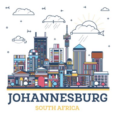 Johannesburg Güney Afrika Şehri Skyline 'ın ana hatları. Renkli Modern ve Tarihi Binalar beyaza izole edilmiş. Vektör İllüstrasyonu. Johannesburg Şehir Manzarası.
