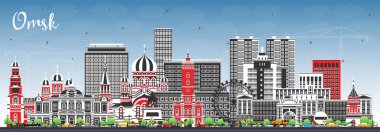 Omsk Rusya şehir silueti renkli binalar ve mavi gökyüzü ile. Vektör çizimi. Tarihi işaretlerle dolu Omsk şehri. Modern ve tarihi mimariyle iş seyahati ve turizm kavramı.