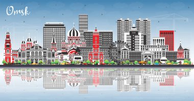 Omsk Rusya şehrinin gökyüzü mavi renkli binalar ve yansımalarla dolu. Vektör çizimi. Tarihi işaretlerle dolu Omsk şehri. Modern ve tarihi mimariyle iş seyahati ve turizm kavramı.