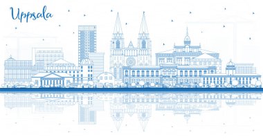 Blue Buildings ile Uppsala İsveç Şehri Skyline 'ı özetleyin. Vektör İllüstrasyonu. Tarihi Simgelerle Uppsala Şehri. Tarihi Mimariyle İş Seyahati ve Turizm Konsepti.