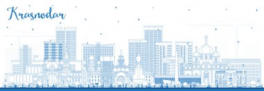 Krasnodar Rusya 'nın ana hatları mavi binalarla çizilmiş. Vektör çizimi. Kent simgeleriyle Krasnodar şehri. Modern ve tarihi mimariyle iş seyahati ve turizm kavramı.
