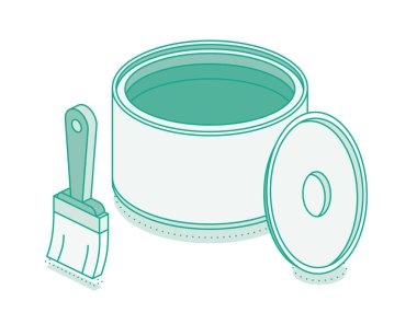 Açık teneke ve kapaklı Isome boya fırçası. Vektör çizimi. Beyaz arkaplanda izole edilmiş nesne.