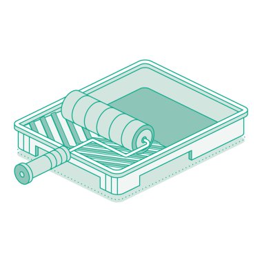 Tepside Isome boya silindiri. Vektör çizimi. Beyaz arkaplanda izole edilmiş nesne. Boş boya tepsisi.