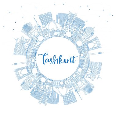 Outline Tashkent Uzbekistan City Skyline with Blue Buildings and Copy Space. Vector Illustration. Tashkent Cityscape with Landmarks. Business Travel and Tourism Concept with Historic Architecture.