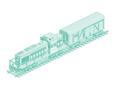 Yük vagonlu bir lokomotif. Vektör çizimi. Demiryolu. Nesne beyaz arka planda izole edildi. Endüstriyel ulaşım. Raylarda dizel yük treni. Yük vagonu..