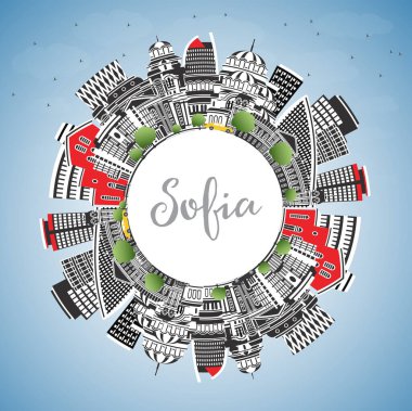 Sofya Bulgaristan Renkli Binalar, Mavi Gökyüzü ve Kopyalama Alanı ile Gökyüzü Kenti Skyline. Vektör İllüstrasyonu. Tarihi Eserleri Olan Sofya Şehri. Tarihi Mimariyle İş Seyahati ve Turizm Konsepti.