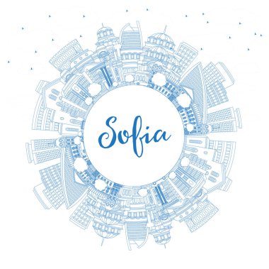 Sofya şehir siluetini Mavi Binalar ve Kopyalama Alanıyla ana hatlarıyla çiz. Vektör İllüstrasyonu. Tarihi Eserleri Olan Sofya Şehri. Tarihi Mimariyle İş Seyahati ve Turizm Konsepti.