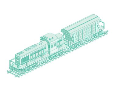 Zıpzıp arabalı bir lokomotif. Vektör çizimi. Demiryolu. Nesne beyaz arka planda izole edildi. Endüstriyel ulaşım. Raylarda dizel yük treni.